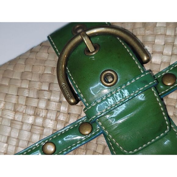 Coach Handbags - COACH Vintage Wristlet Wallet Woven Straw Green Patent Leather Brass Clutch Rare